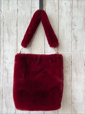 Burgundy Faux Fur Tote Shoulder Bag Fuzzy Plush Gold Hardware NWOT